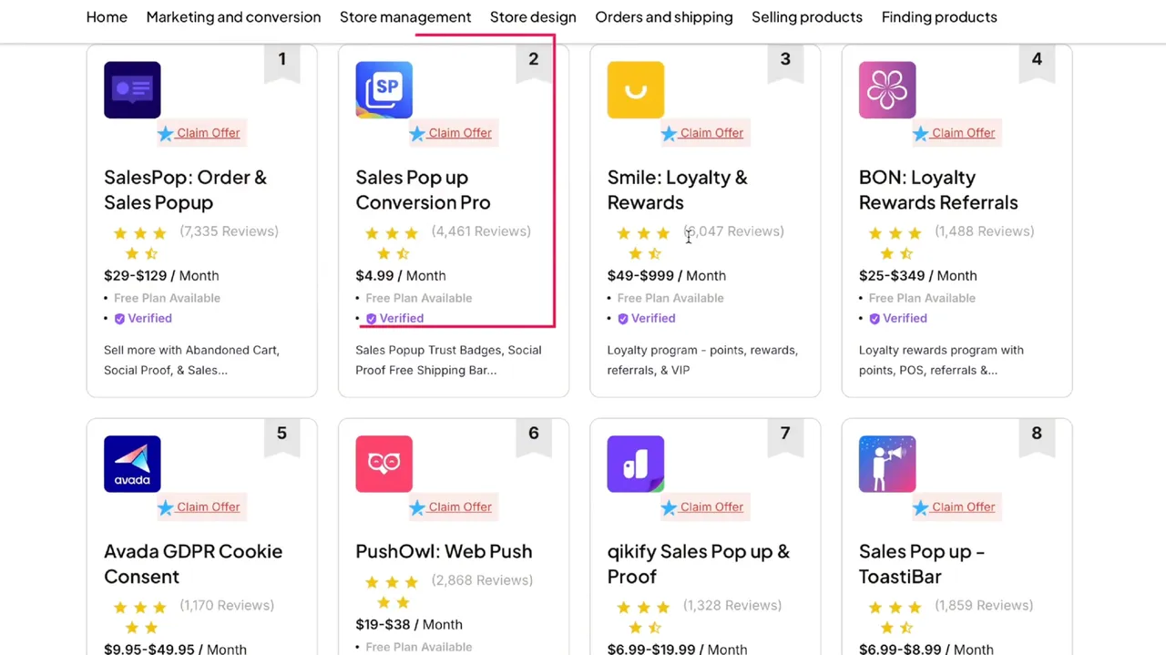 A list of top Shopify marketing apps, featuring pricing, reviews, and key features for tools like SalesPop and Smile: Loyalty & Rewards